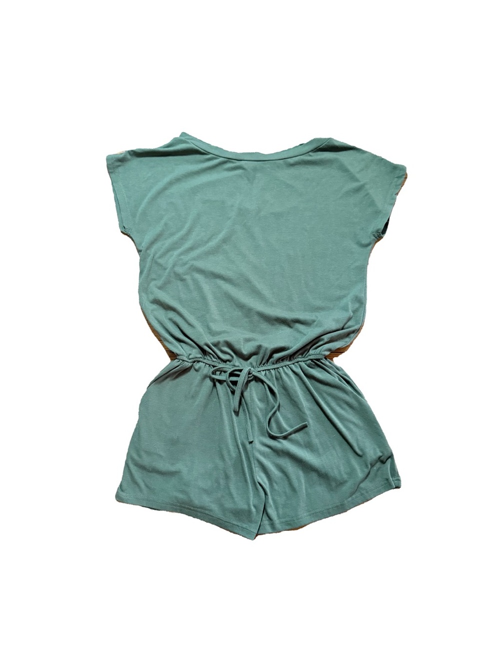 Women's Short Sleeve Knit Romper in Olive Green Pockets Drawstring Adult Small